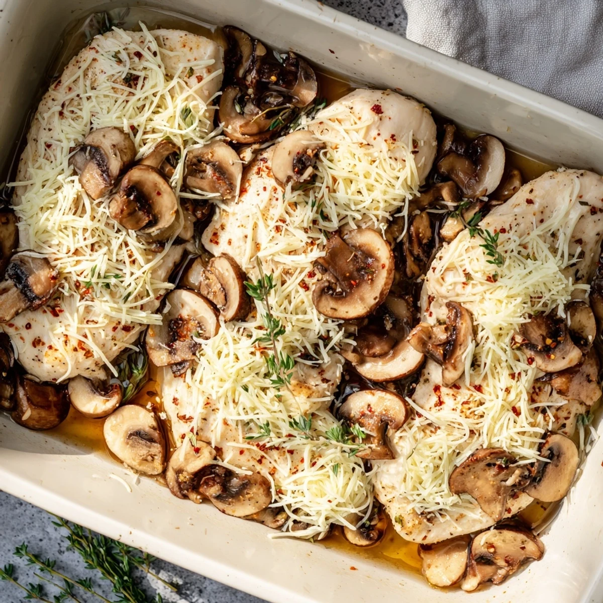 Baked cheesy chicken with mushrooms served hot with bubbly cheese topping and fresh thyme