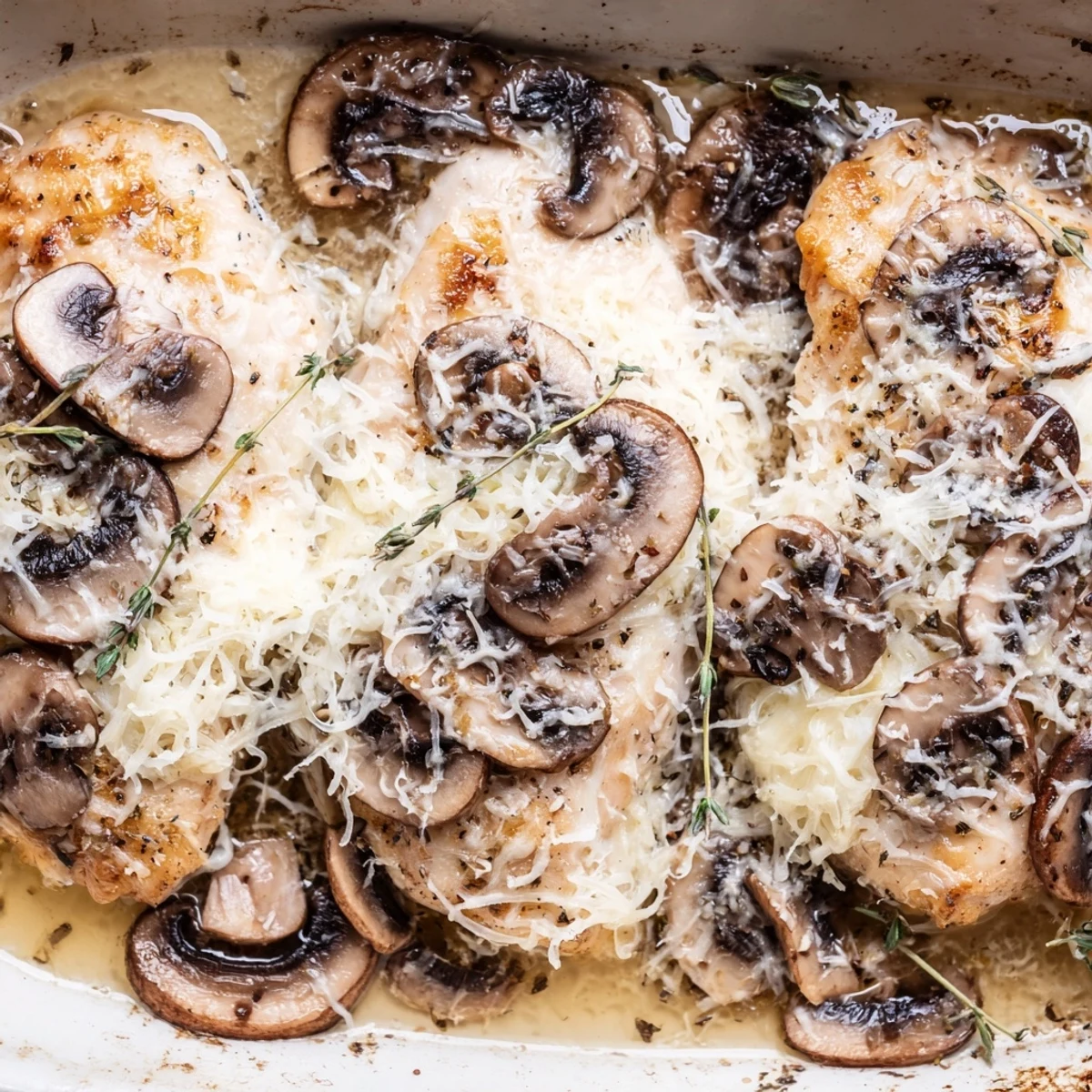 Tender chicken breasts topped with sautéed mushrooms and a blanket of golden melted cheese