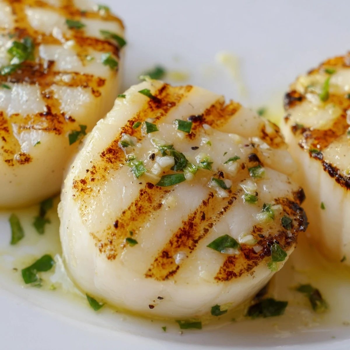 Golden brown grilled scallops recipe with charred edges and fresh lemon wedges