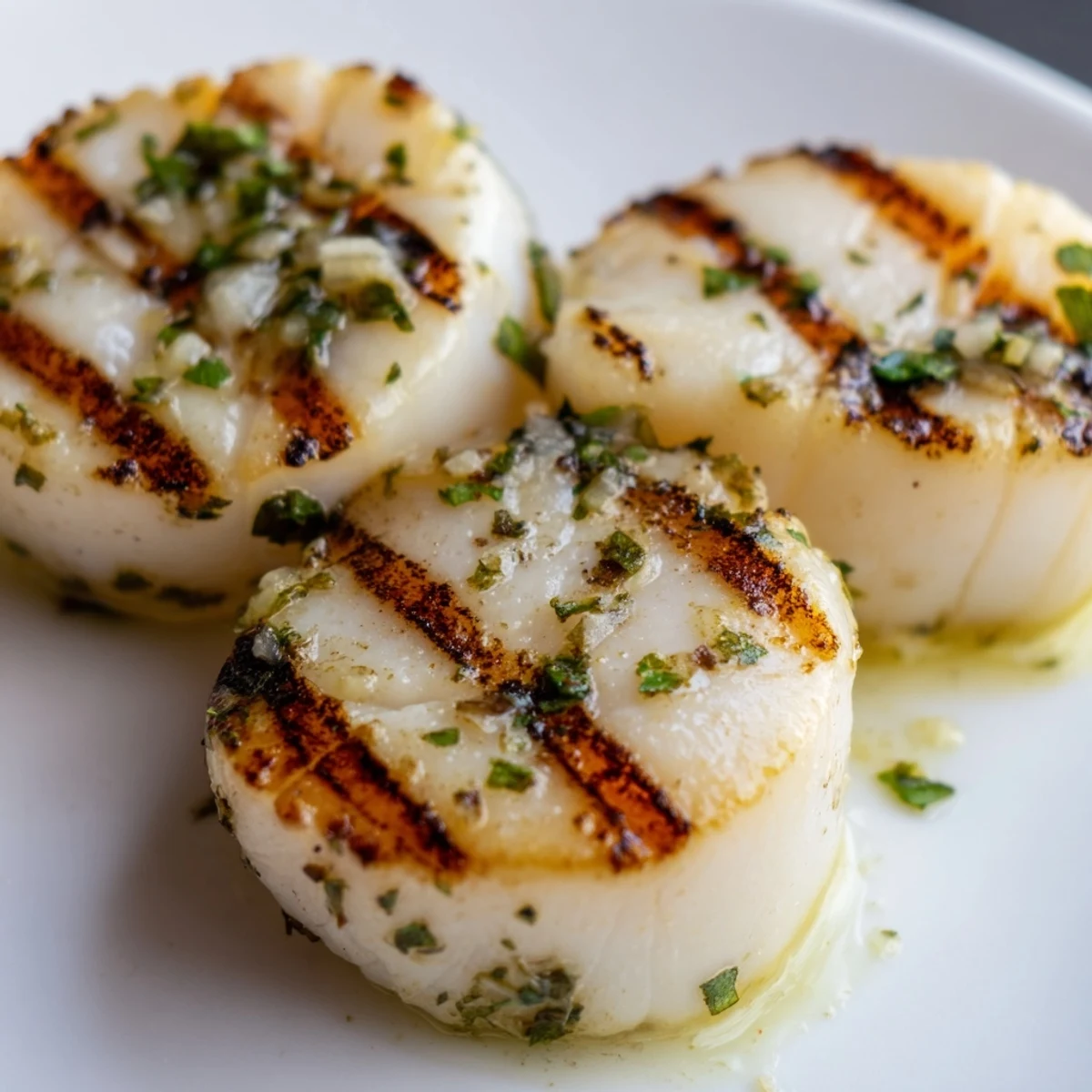 Perfectly seared scallops recipe with golden crust served on white plate