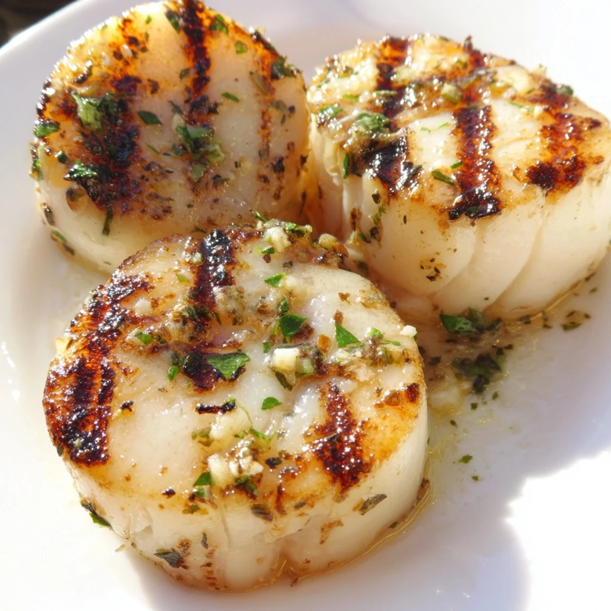 Juicy grilled scallops recipe with herb marinade and parsley garnish on platter