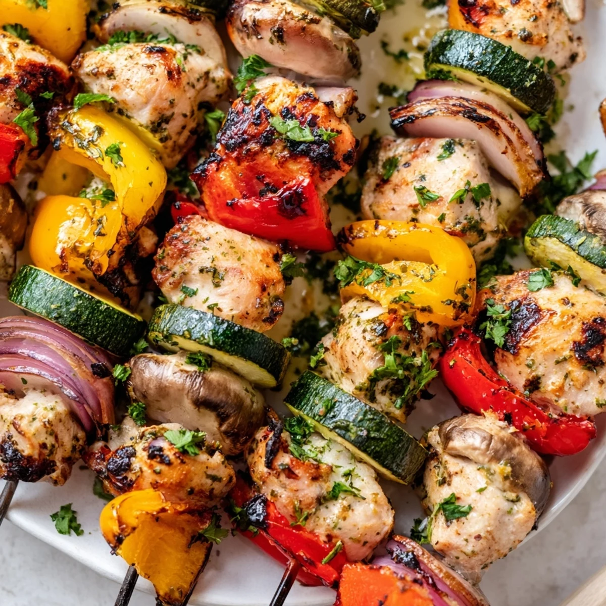 Golden grilled chicken kabobs with colorful peppers, onions, and zucchini on metal skewers