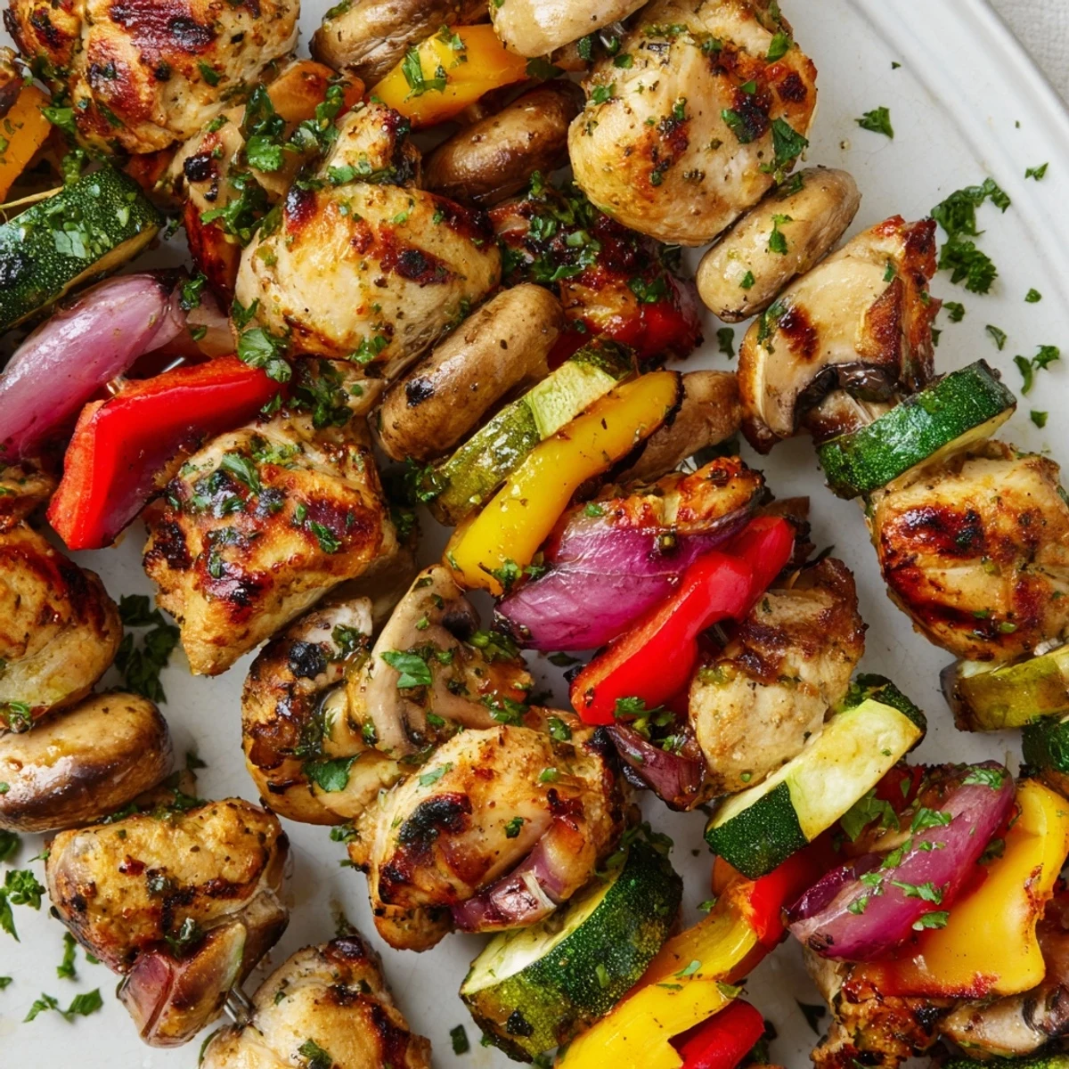Juicy marinated chicken and fresh vegetables grilled to perfection on Mediterranean-style skewers