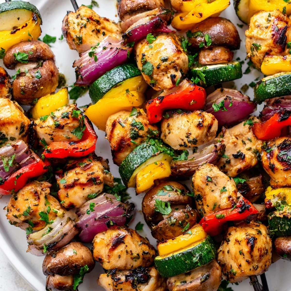 Colorful plate of chicken kabobs with charred vegetables, garnished with fresh parsley and lemon