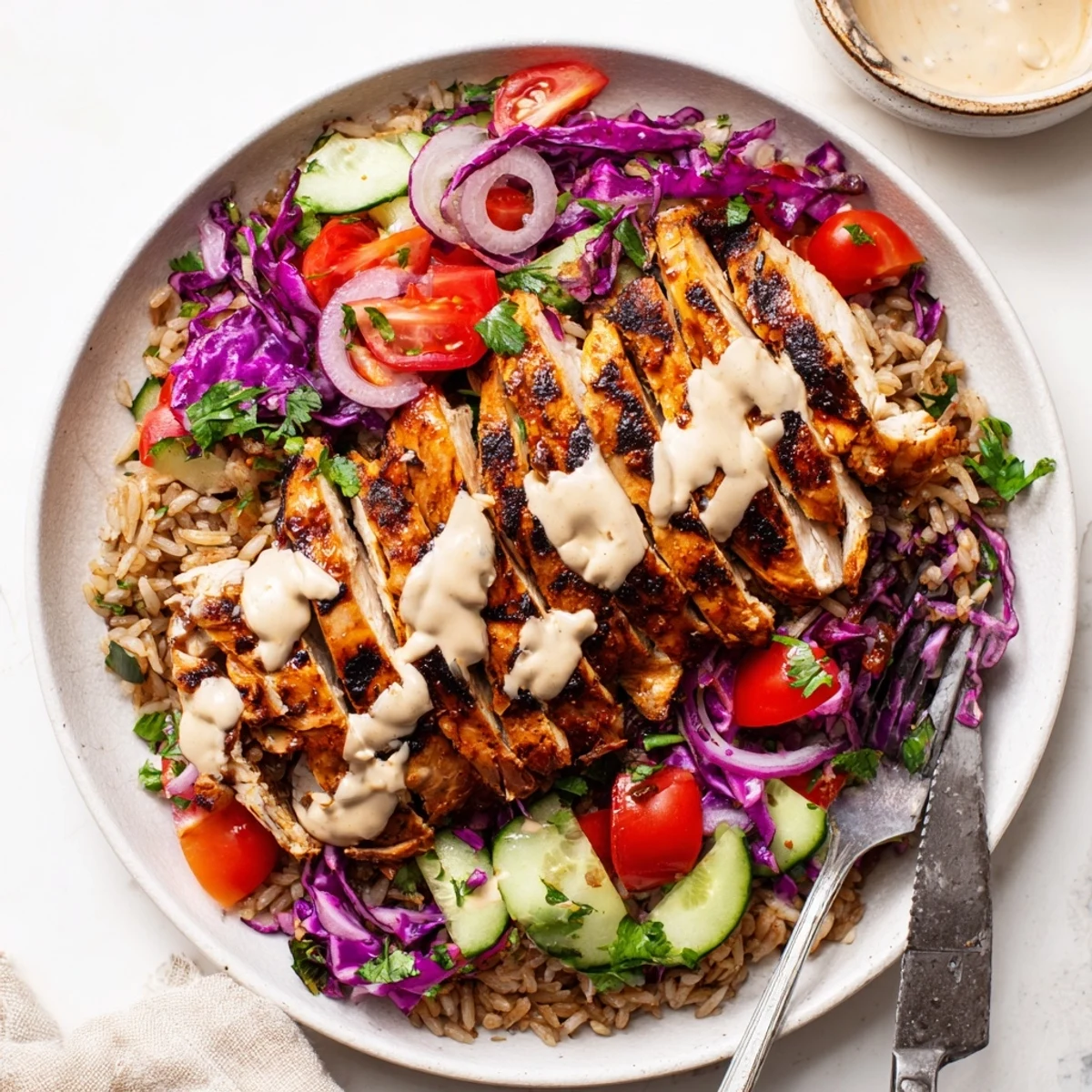 Golden spiced chicken slices atop colorful vegetables and fluffy grains in a Healthy Chicken Shawarma Bowl