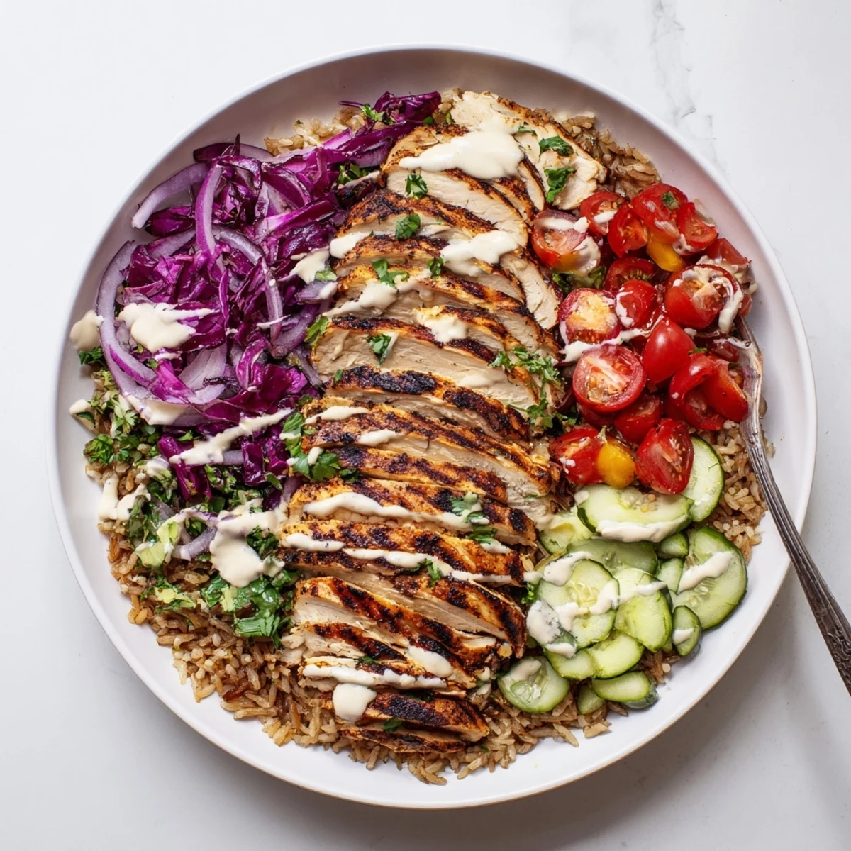 Wholesome Healthy Chicken Shawarma Bowl arranged with brown rice, salad greens, and tender spiced chicken strips