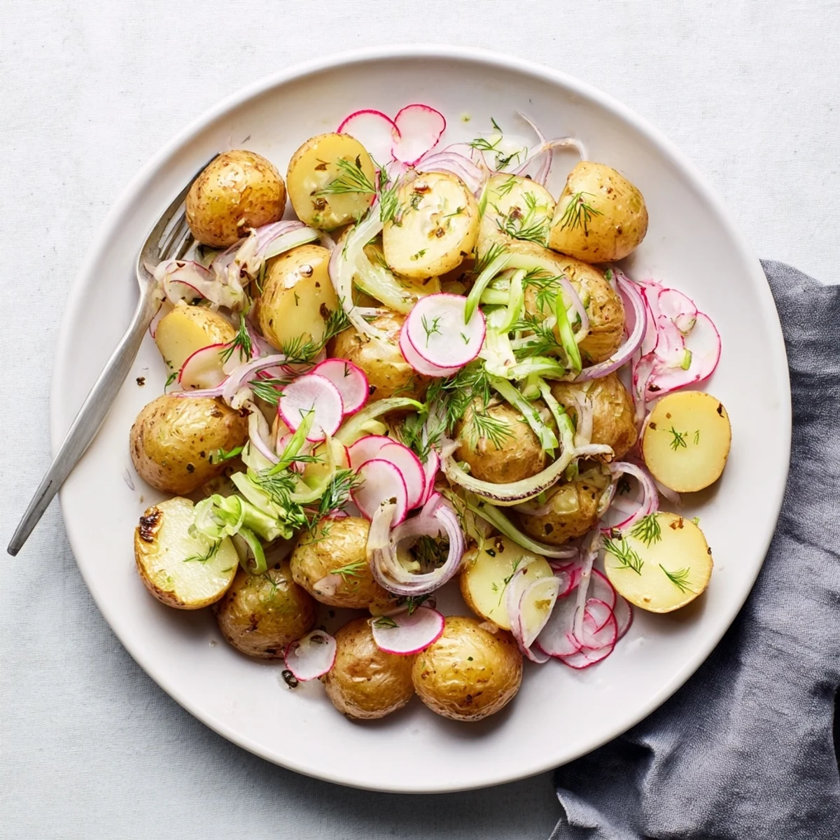 Golden roasted potato salad with crispy potatoes and fresh herbs in tangy mustard dressing