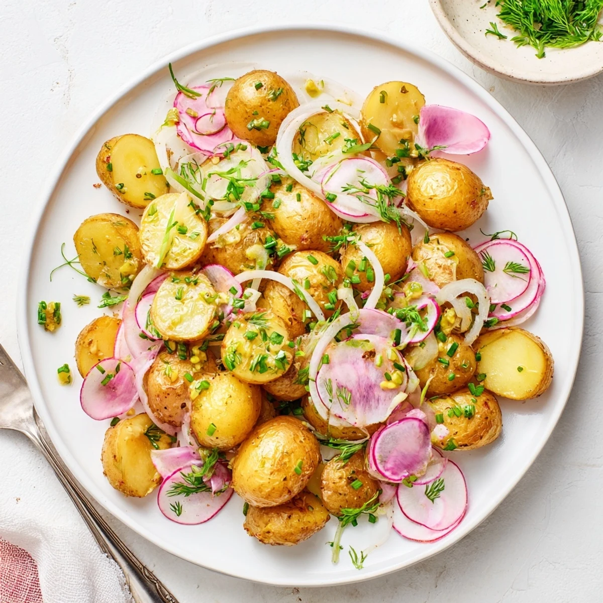 Colorful bowl of roasted potato salad featuring crisp vegetables and zesty Dijon mustard vinaigrette