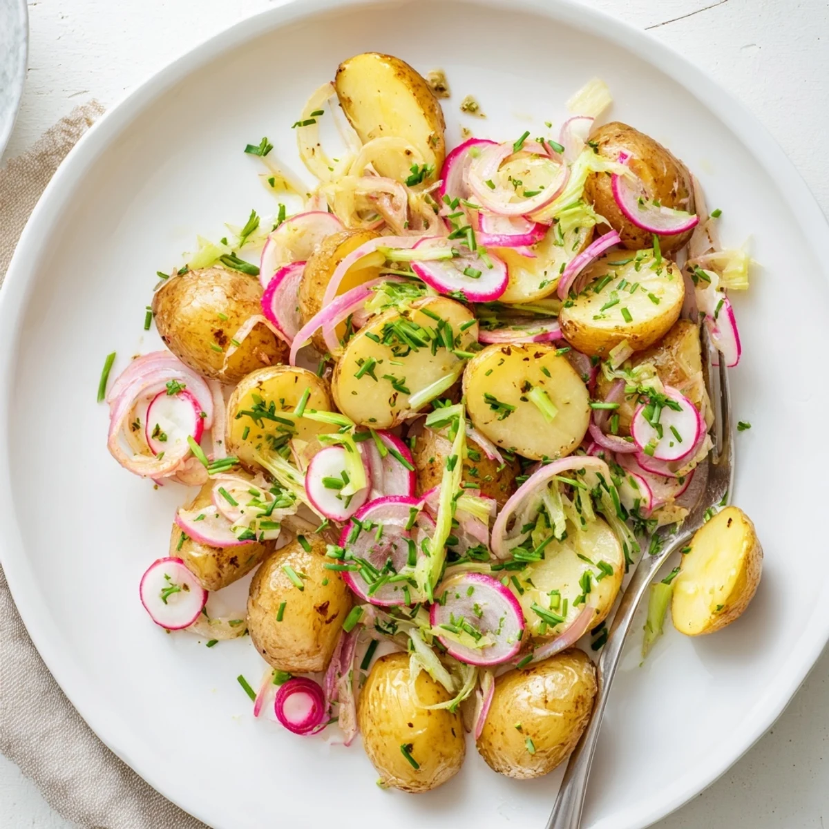 Hearty roasted potato salad dotted with red onion celery radishes and vibrant green herbs