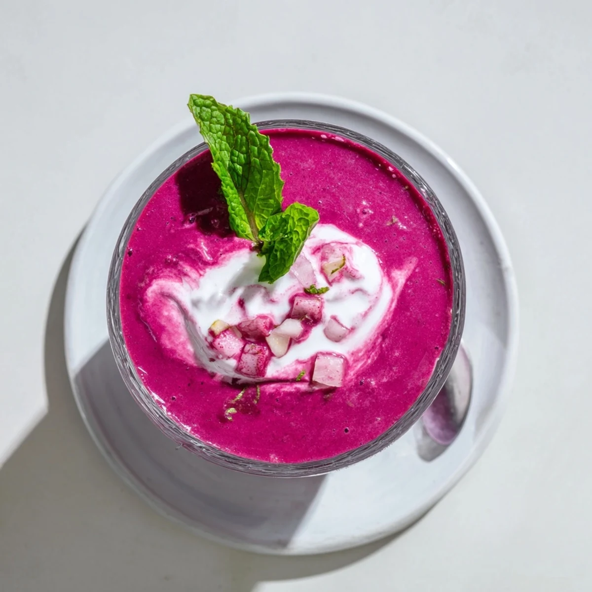Vibrant magenta beet smoothie poured into a clear glass showing creamy texture
