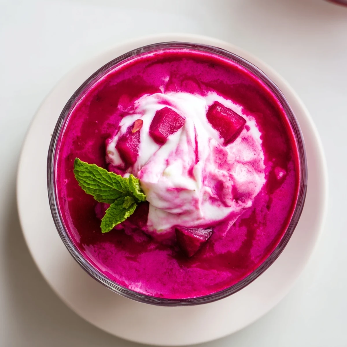 Thick purple beet smoothie topped with fresh mint leaf on wooden counter