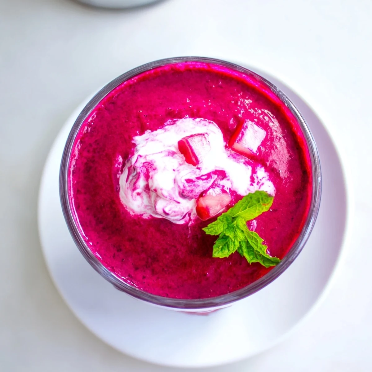 Fresh beet smoothie blended with strawberries and banana in a tall glass