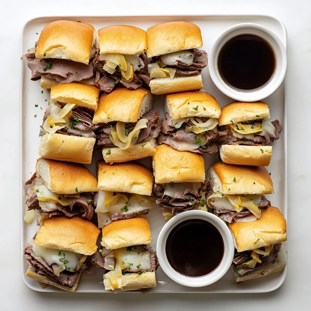 Tender roast beef French dip sliders stacked with caramelized onions and gooey cheese