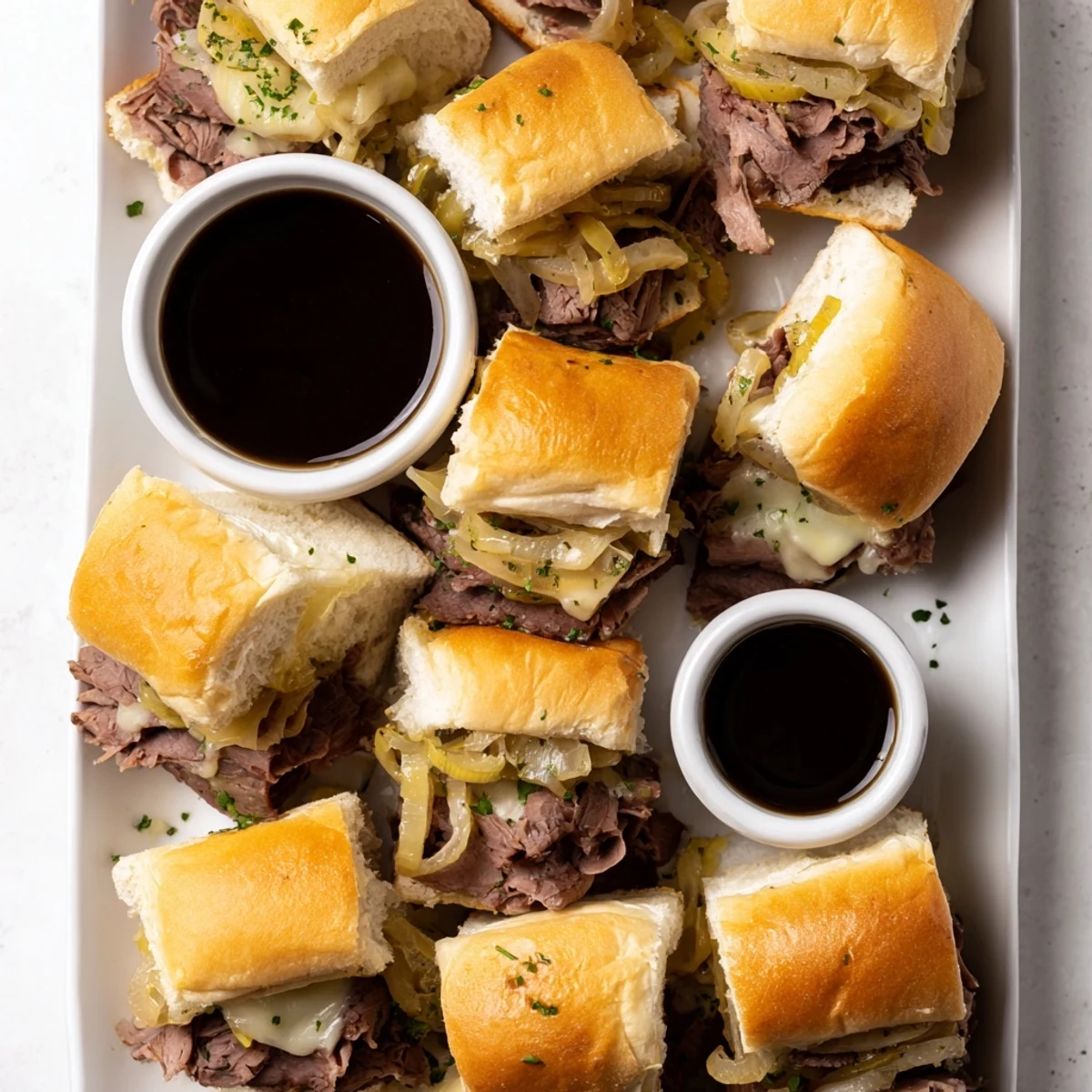 Baked French dip sliders oozing melted cheese served with rich au jus for dipping