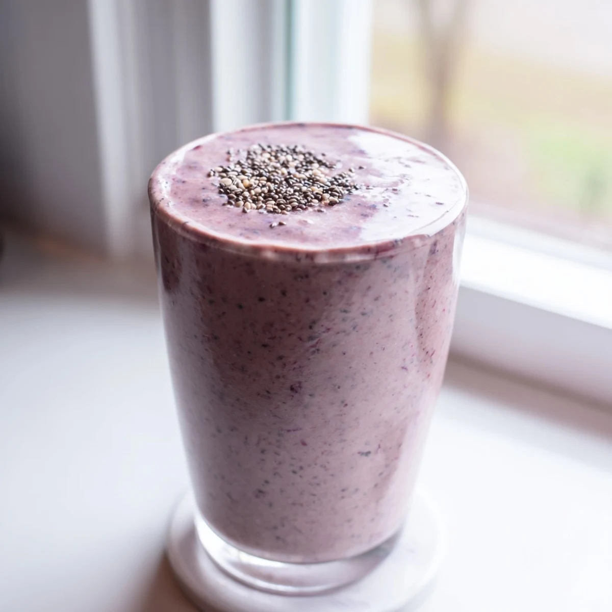 Creamy blended beverage with visible chia seeds swirling in a vibrant mixed berry and banana mixture