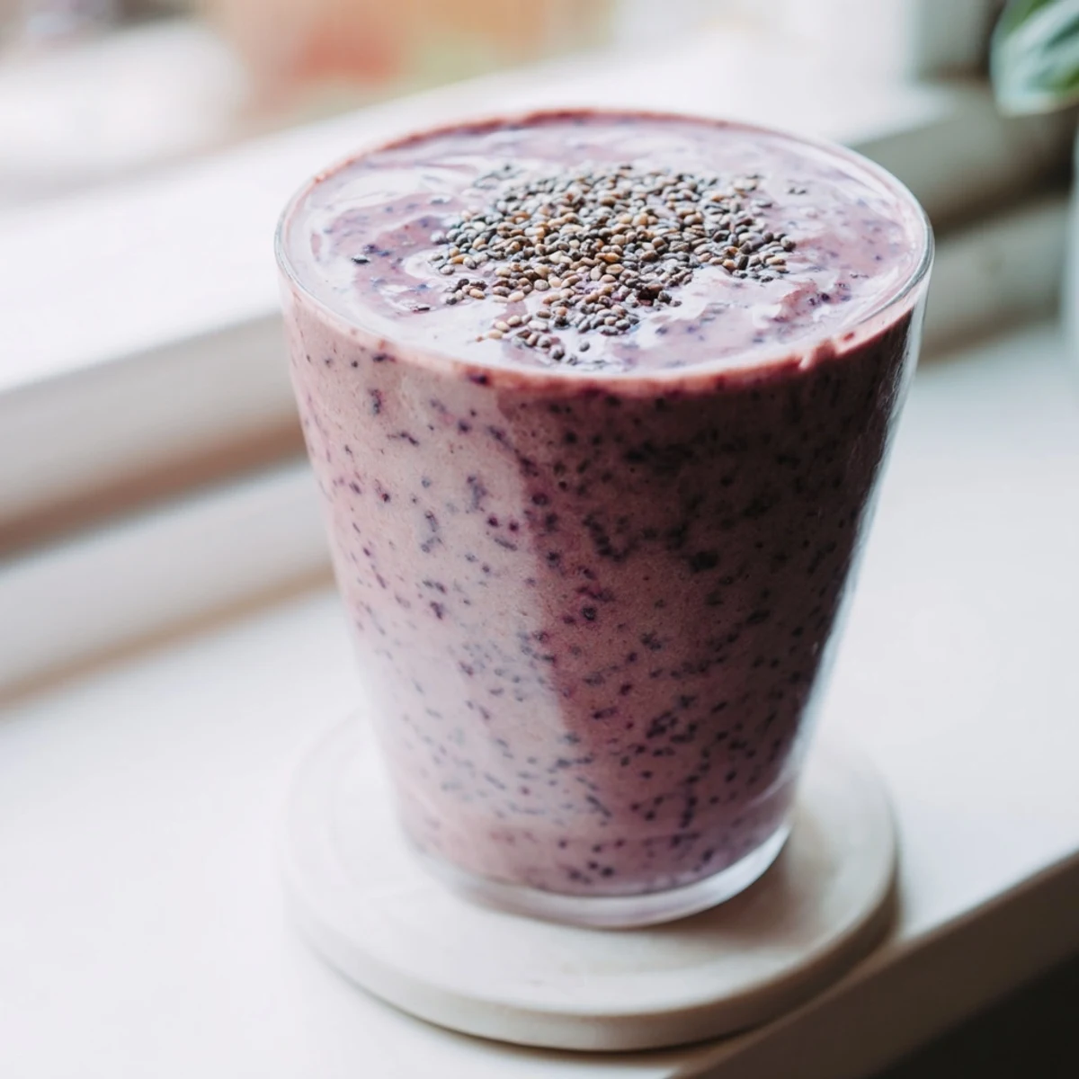 Tall glass filled with nutritious chia seed smoothie garnished with granola and whole raspberries