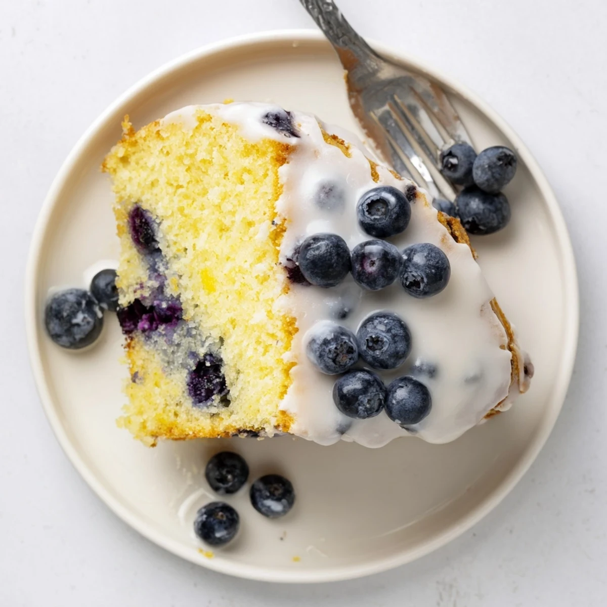 Moist lemon blueberry cake slice revealing fresh blueberries in tender yellow crumb