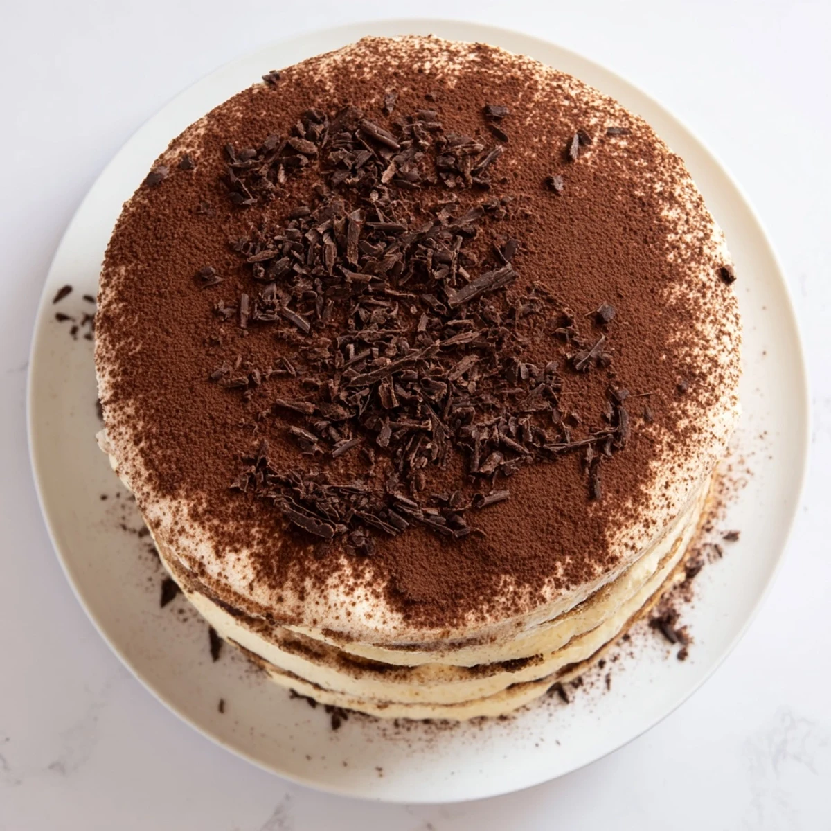 Rich tiramisu cake layered with coffee-soaked sponge and creamy mascarpone filling