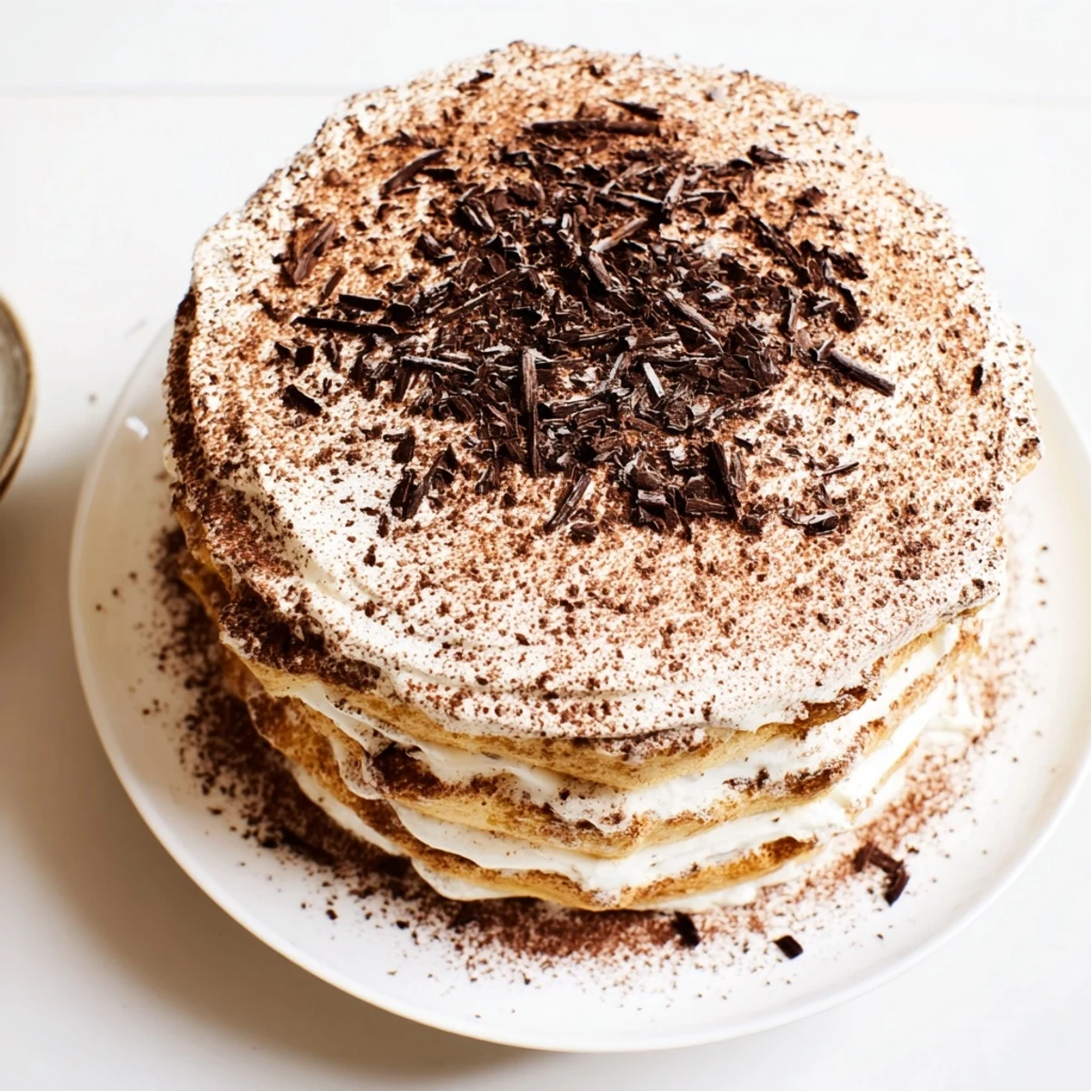 Square slice of Italian tiramisu cake dusted with cocoa powder and chocolate shavings