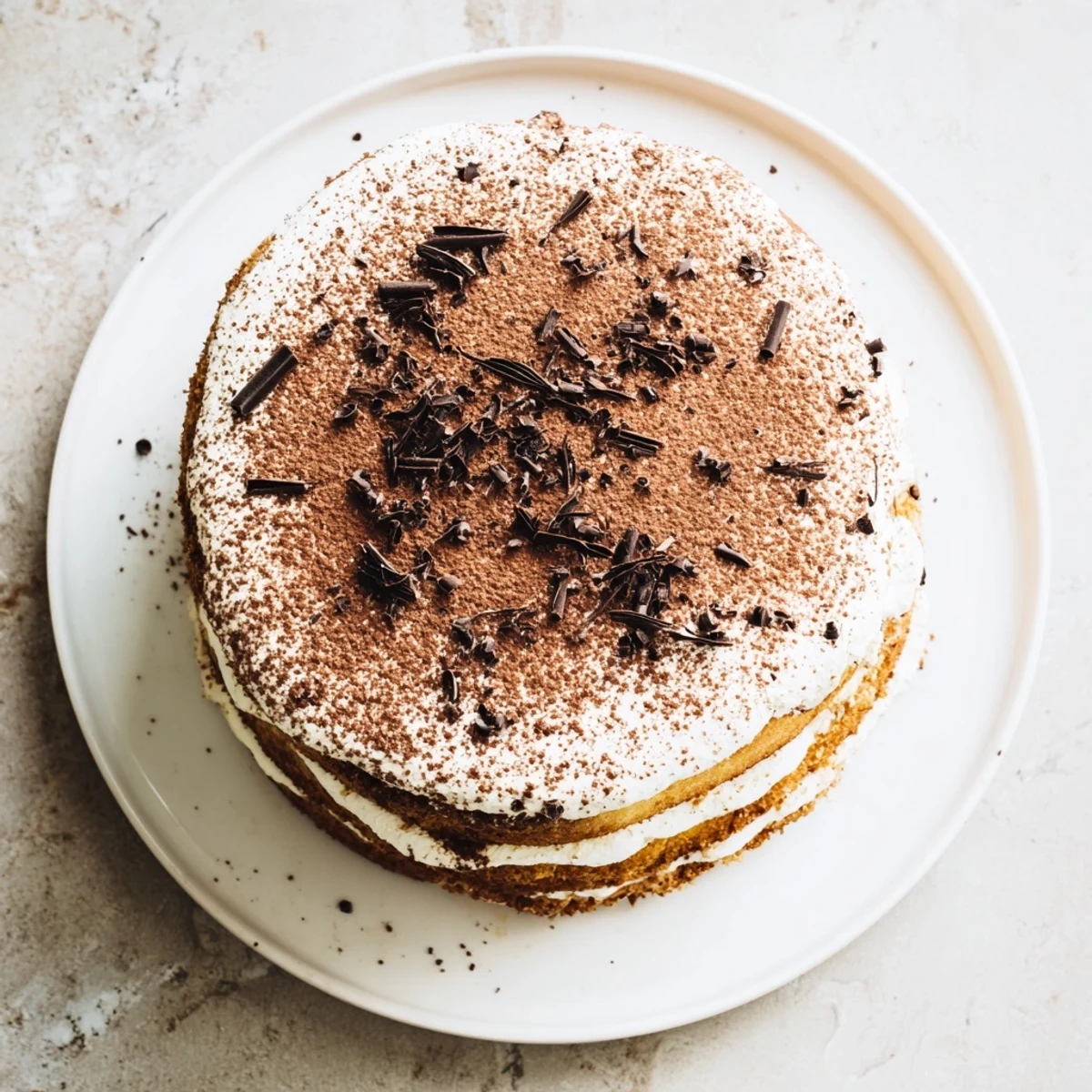 Decadent layered dessert featuring coffee-drenched cake and fluffy mascarpone cream frosting