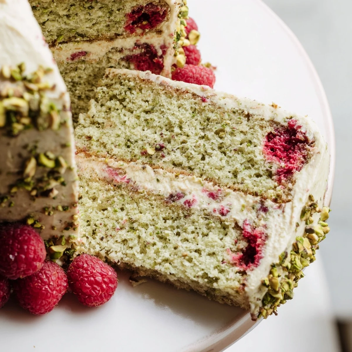 Pistachio raspberry cake slice topped with creamy pistachio frosting and fresh red berries