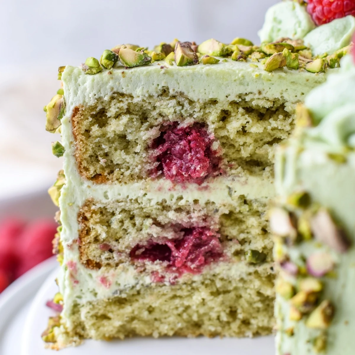 Green speckled pistachio raspberry cake swirled with tart raspberries under smooth cream cheese frosting