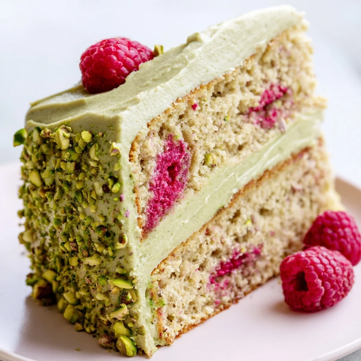 Moist pistachio raspberry cake layer crowned with fluffy frosting and scattered ruby raspberries