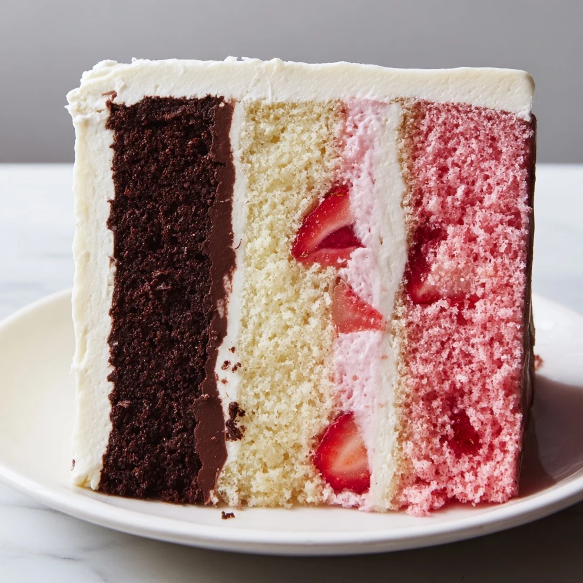 Slice of Neapolitan cake revealing chocolate, vanilla, and strawberry layers with creamy buttercream frosting