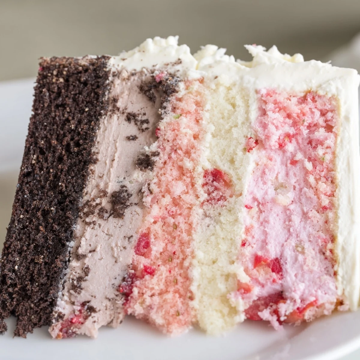 Three-tiered Neapolitan cake stacked with vibrant pink, white, and brown buttercream-covered layers