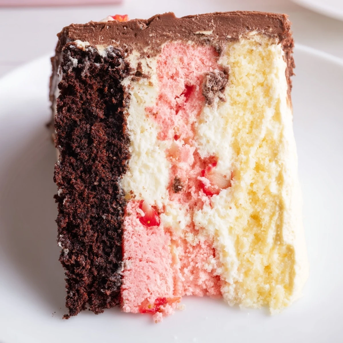 Beautiful Neapolitan cake displaying classic ice cream flavors in horizontal frosted layers