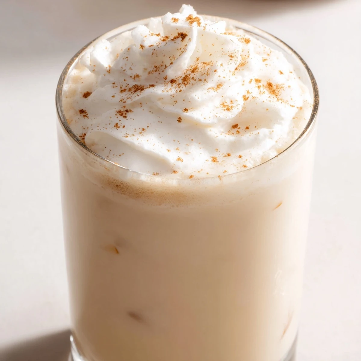 Festive low-carb eggnog beverage garnished with cinnamon spice and dollop of fresh whipped cream