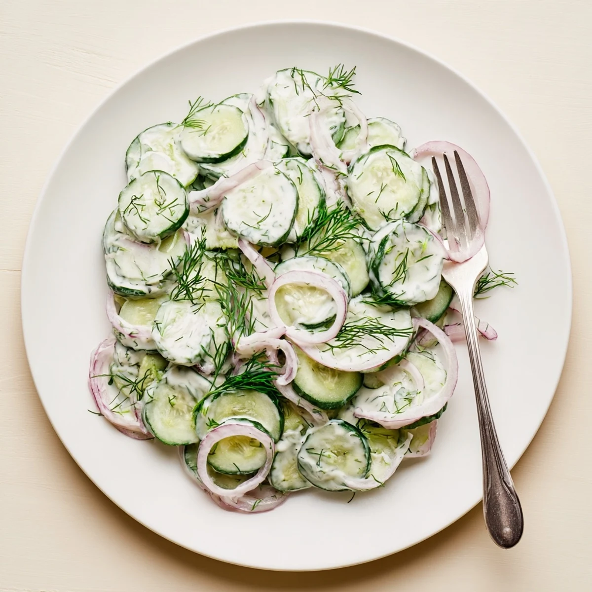 Fresh cucumber dill salad with creamy dressing, red onion, and fragrant herbs in a white serving bowl