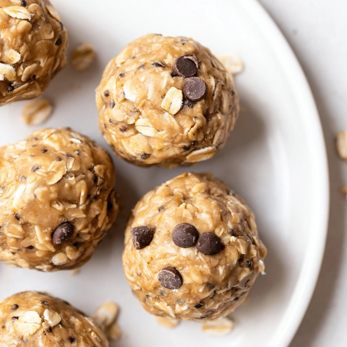 Golden peanut butter energy balls studded with dark chocolate chips on a white plate