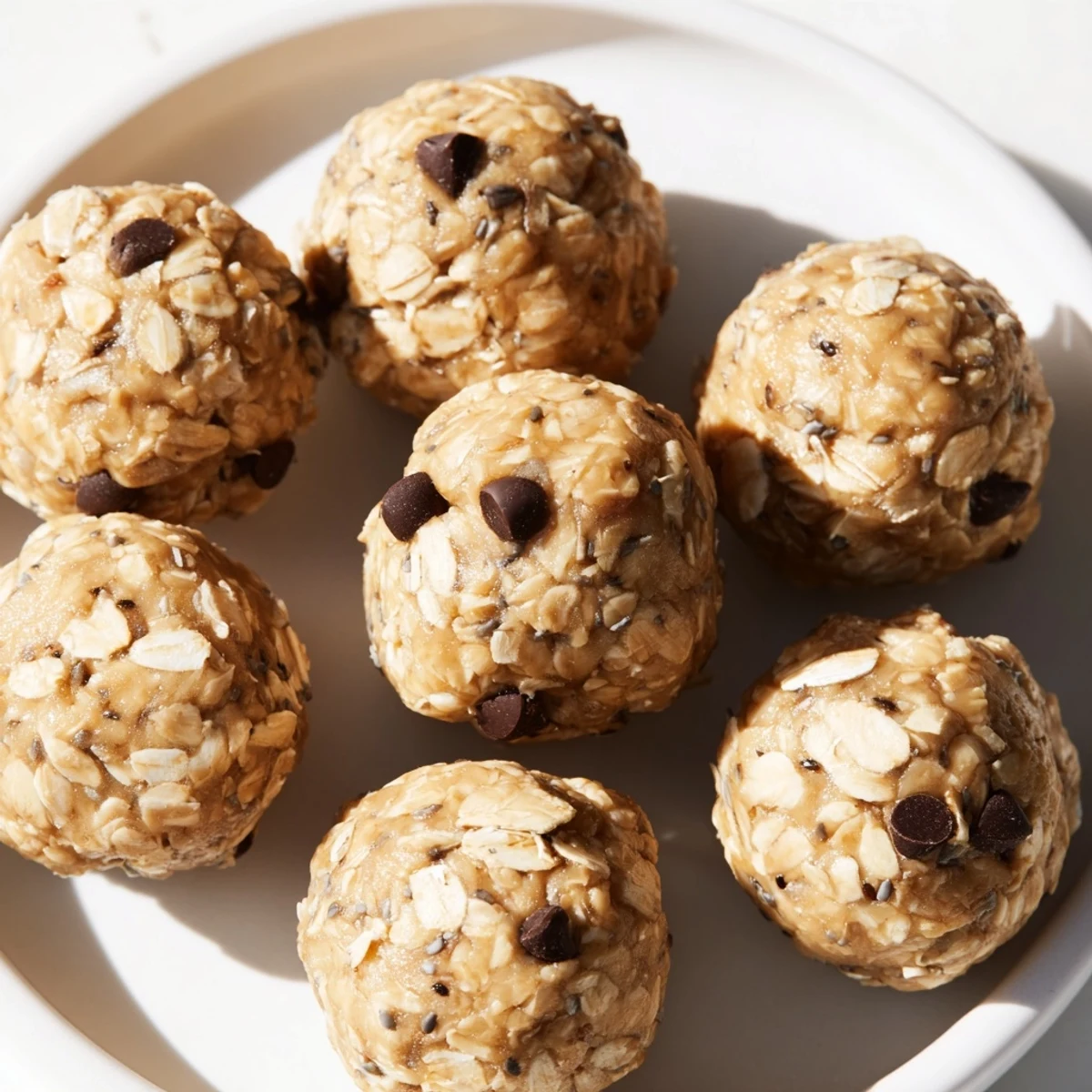 Homemade peanut butter energy balls arranged on parchment paper with chocolate chunks visible
