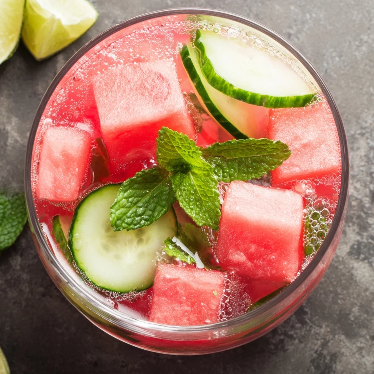 Garnished glass of low carb watermelon refresher with mint sprigs and lime wedge on ice