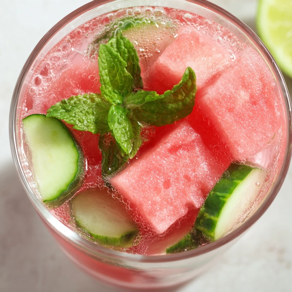Vibrant pink low carb watermelon refresher topped with floating mint leaves and lime wheel garnish