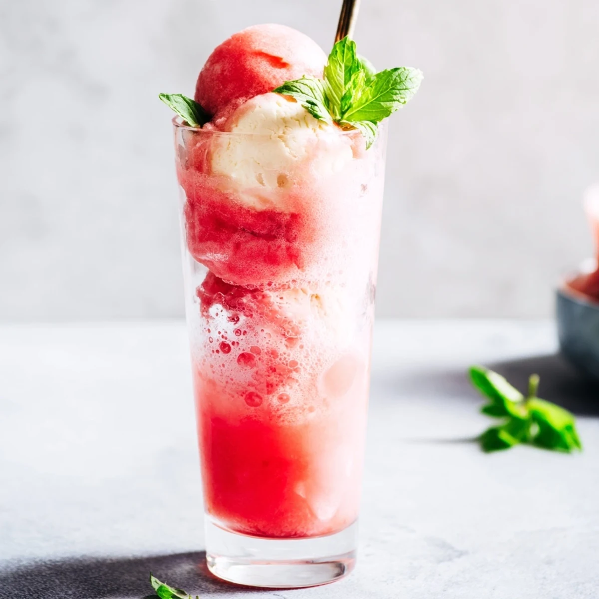 Refreshing watermelon ice cream float showcasing pink puree, bubbling lemon-lime soda, and melting ice cream in clear glass