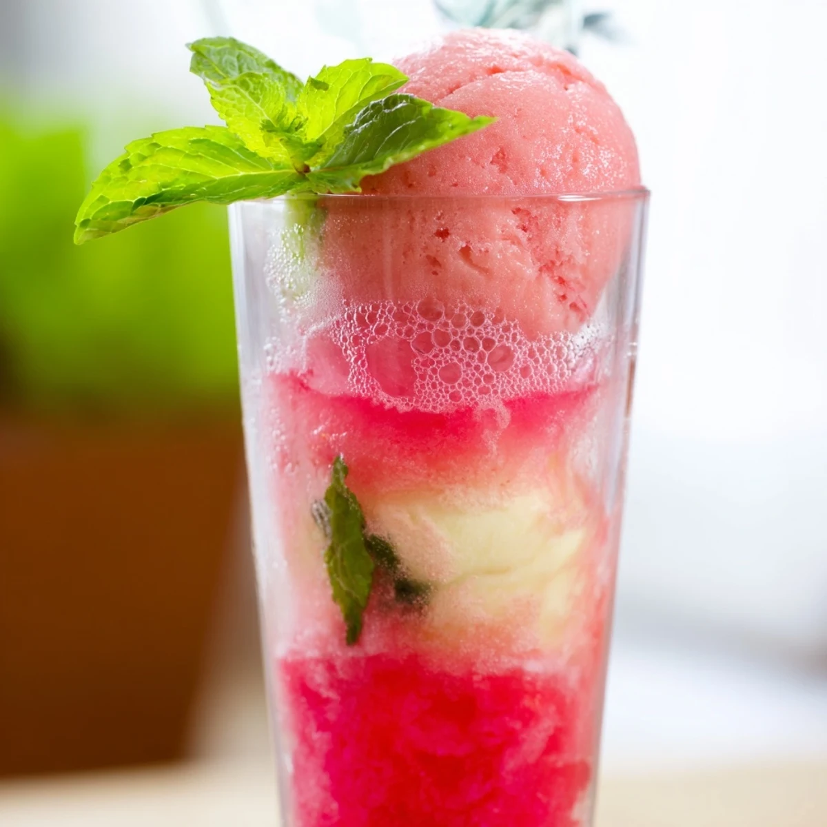 Tall glass filled with vibrant watermelon ice cream float topped with creamy vanilla scoop and fresh mint garnish