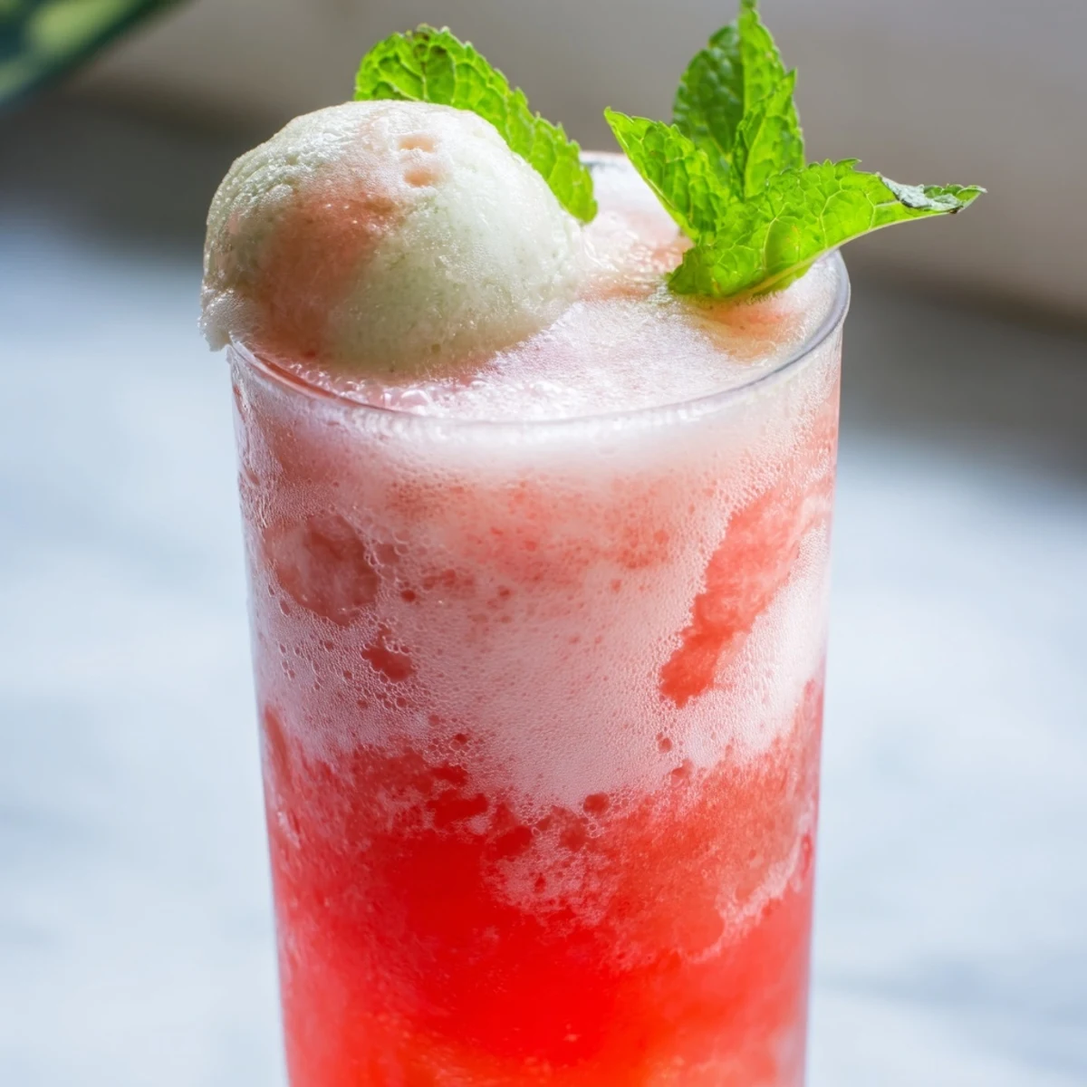 Summer watermelon ice cream float with layered watermelon base, vanilla ice cream scoop, and sparkling soda over ice