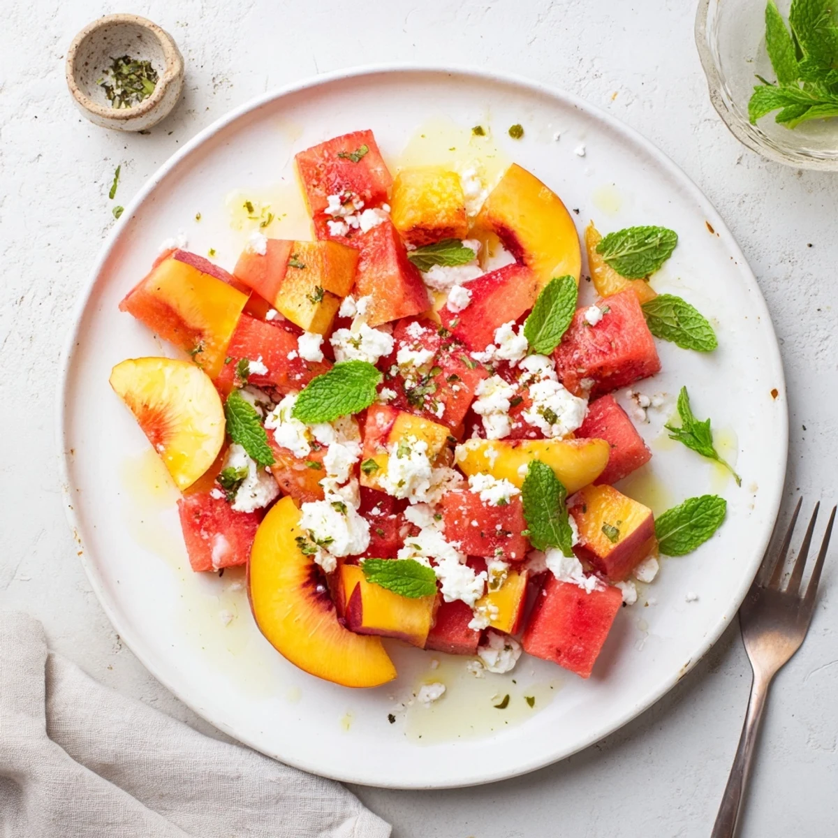 Summer peach watermelon salad served in white bowl topped with torn fresh mint and lime olive oil dressing