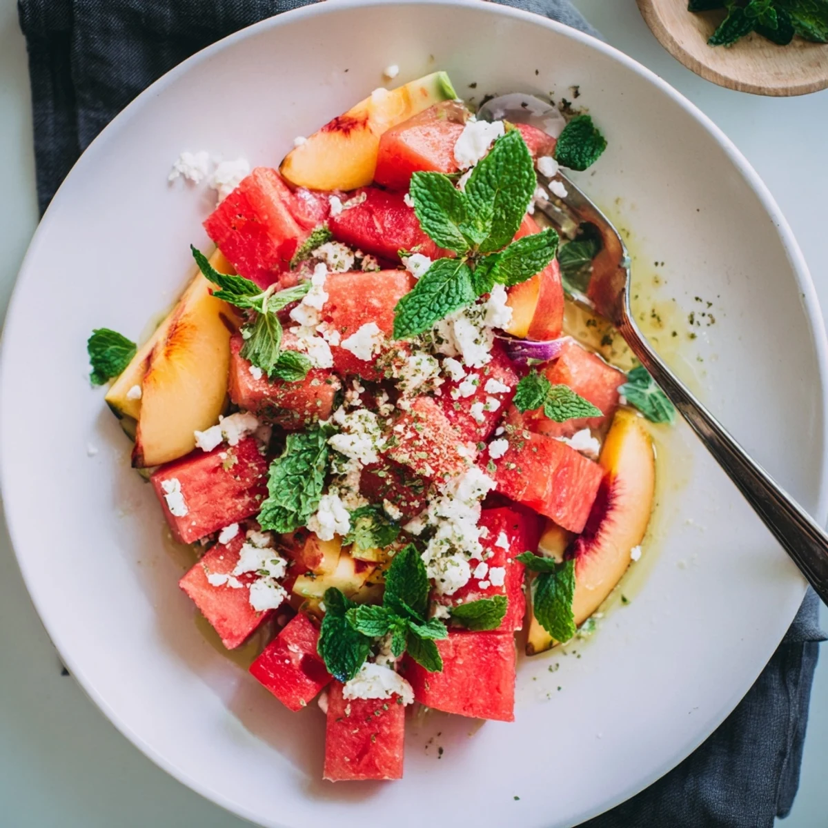Fresh peach watermelon salad bowl with mint leaves and citrus dressing drizzled over juicy fruit cubes