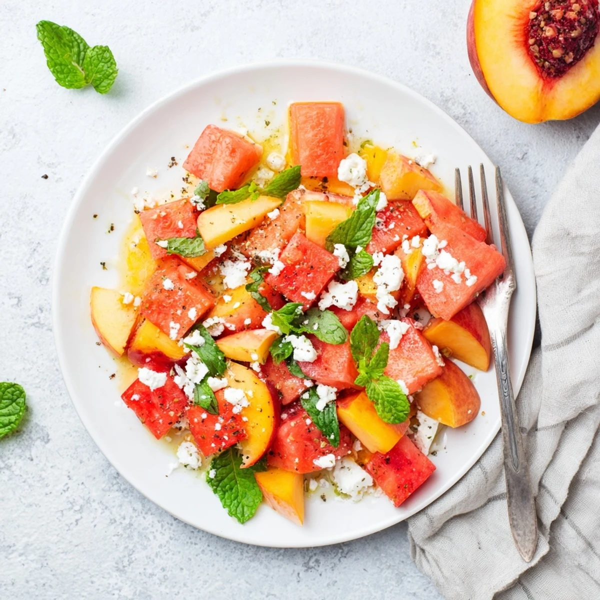 Colorful peach watermelon salad featuring ripe sliced peaches red watermelon cubes fresh mint and light citrus vinaigrette
