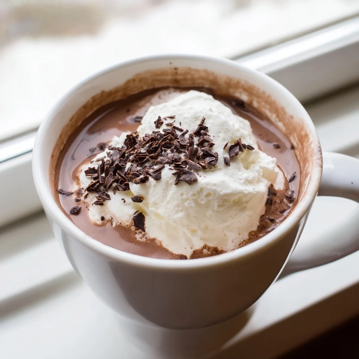 Rich keto hot chocolate with whipped cream and shaved dark chocolate topping in a cozy mug