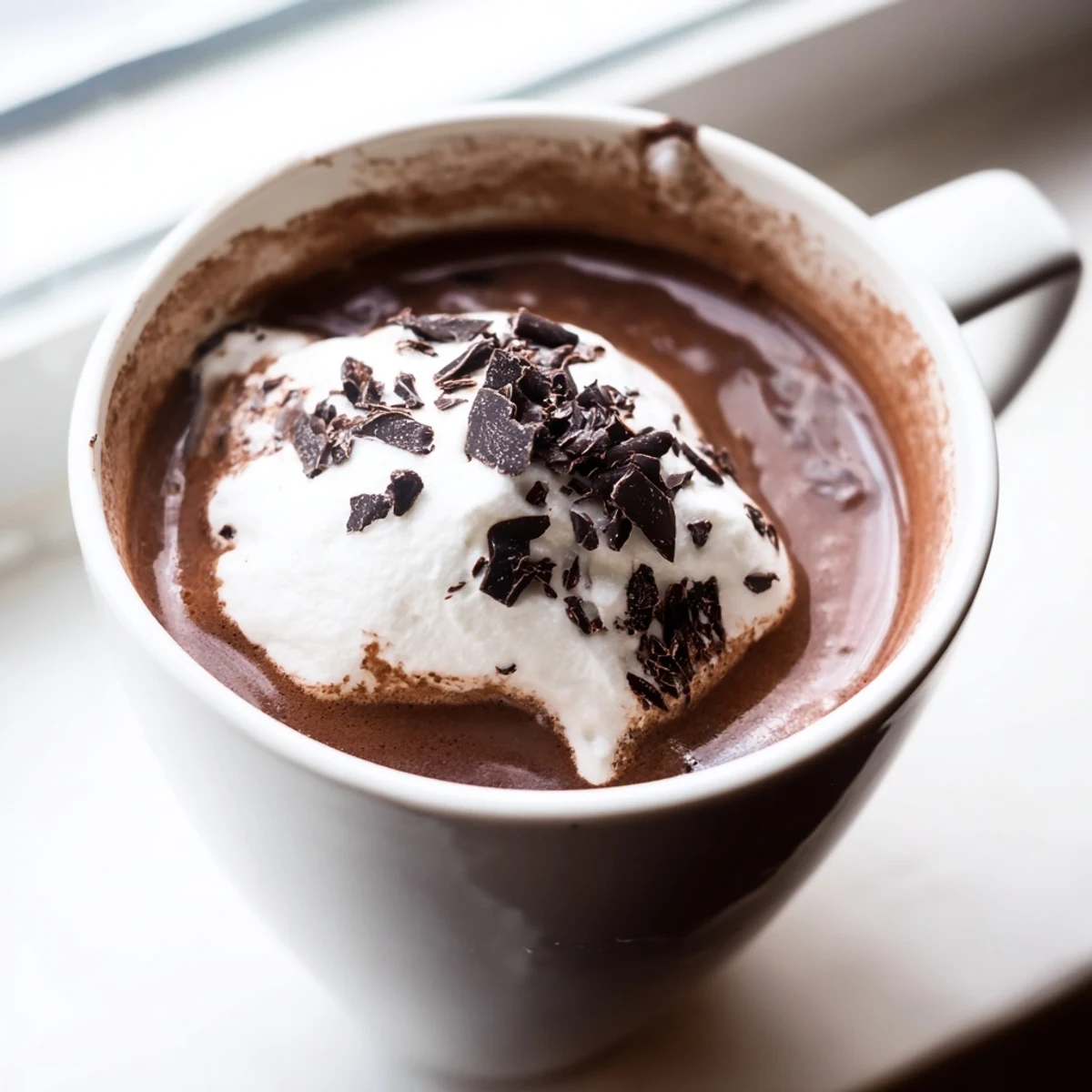 Velvety sugar-free hot chocolate recipe with melted dark chocolate and sea salt garnished with whipped cream