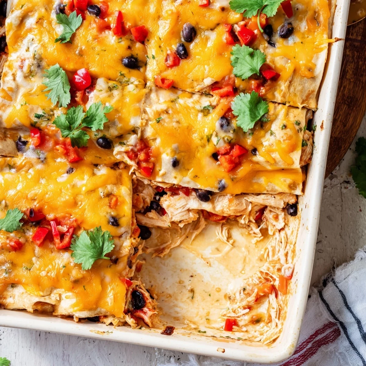 Golden bubbly creamy chicken taco lasagna fresh from the oven with melted cheese topping