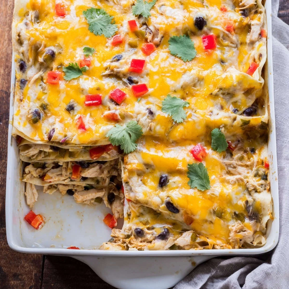 Sliced creamy chicken taco lasagna revealing layers of tender chicken black beans and tortillas