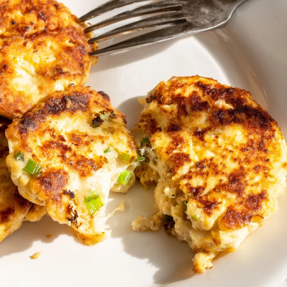 Golden brown keto cheesy chicken fritters served hot on a white plate