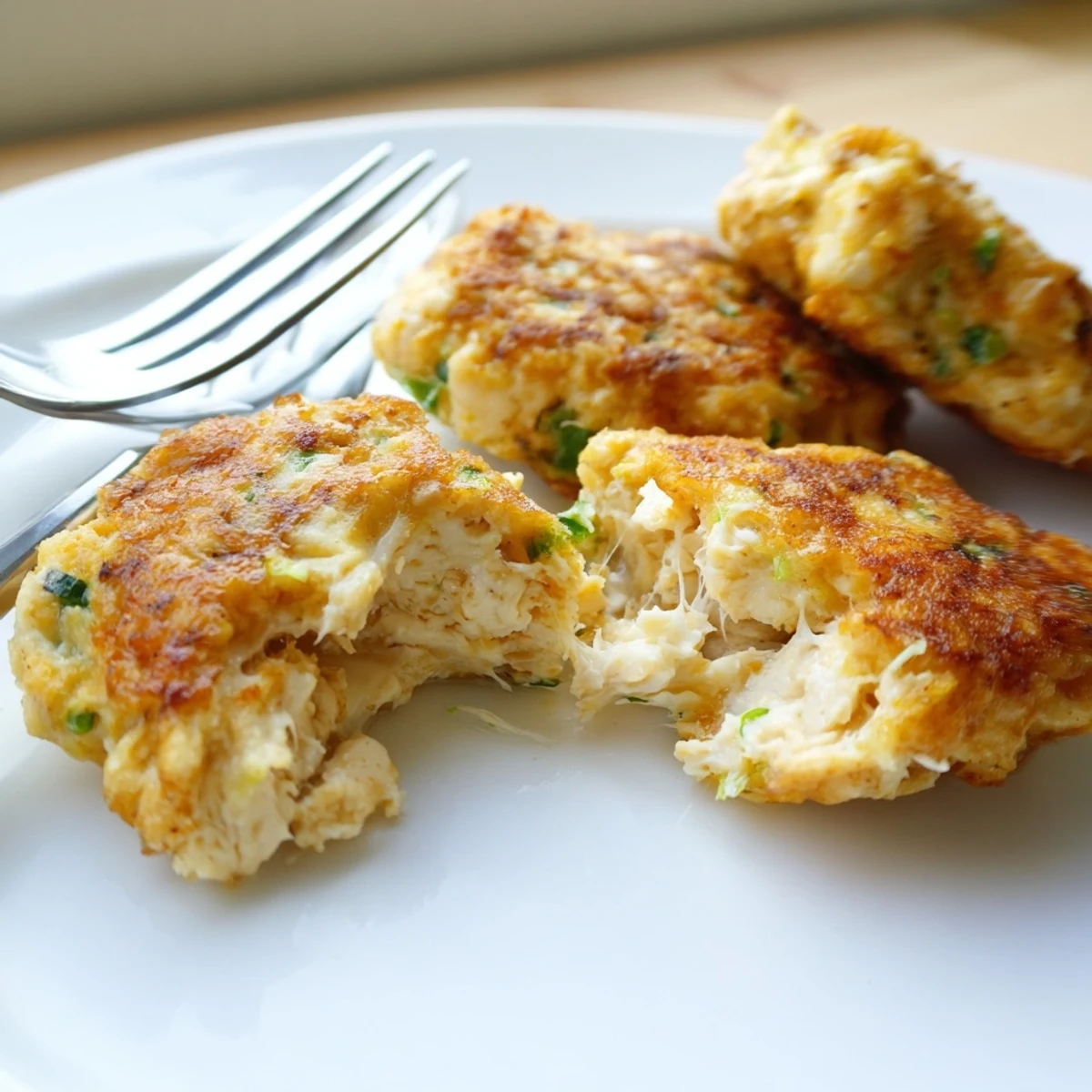 Homemade keto cheesy chicken fritters pan-fried to golden perfection with herbs