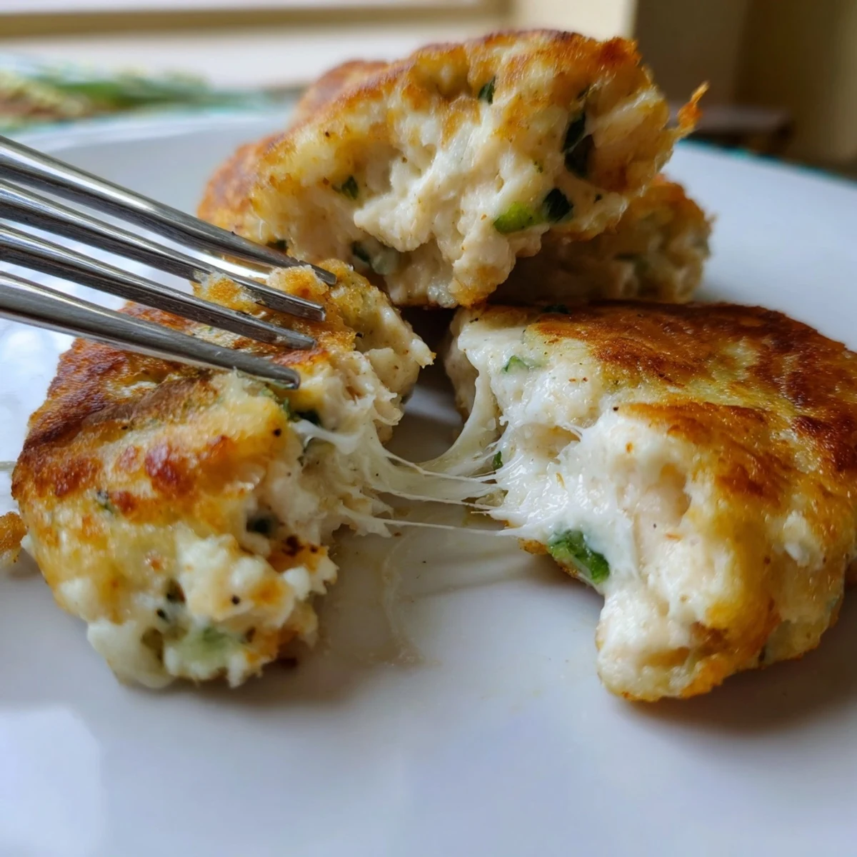 Crispy low carb chicken fritters with melted mozzarella and fresh green onions