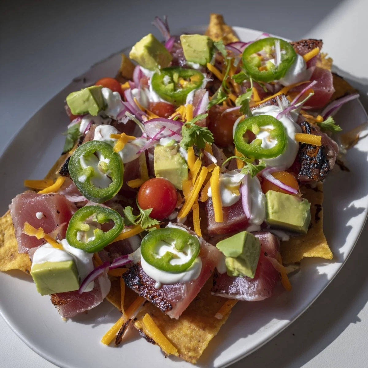 Golden tuna nachos deluxe piled with seared tuna, fresh avocado, and zesty lime crema drizzle